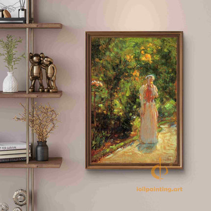 "Childe Hassam's 'Elegant Lady in Floral Garden' - Hand-Painted Classical Oil Painting Reproduction"