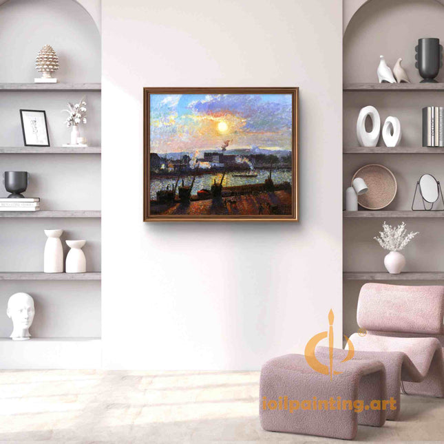 "Camille Pissarro's 'Sunset Harbor with Golden Reflections' - Hand-Painted Oil Painting Reproduction"