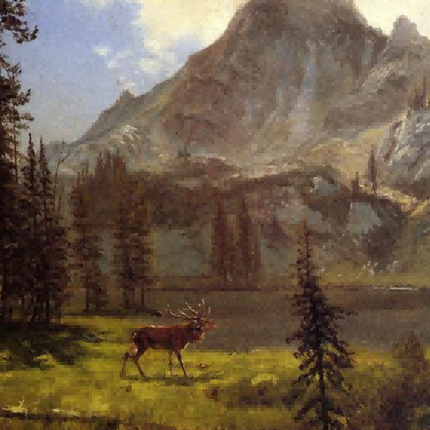 "Albert Bierstadt's 'Majestic Elk in Wilderness' - Hand-Painted Landscape Oil Painting Reproduction"