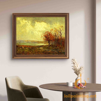 "Julian Onderdonk's 'Autumn Serenity: Country Path by the Lake' Oil Painting Reproduction on Canvas"