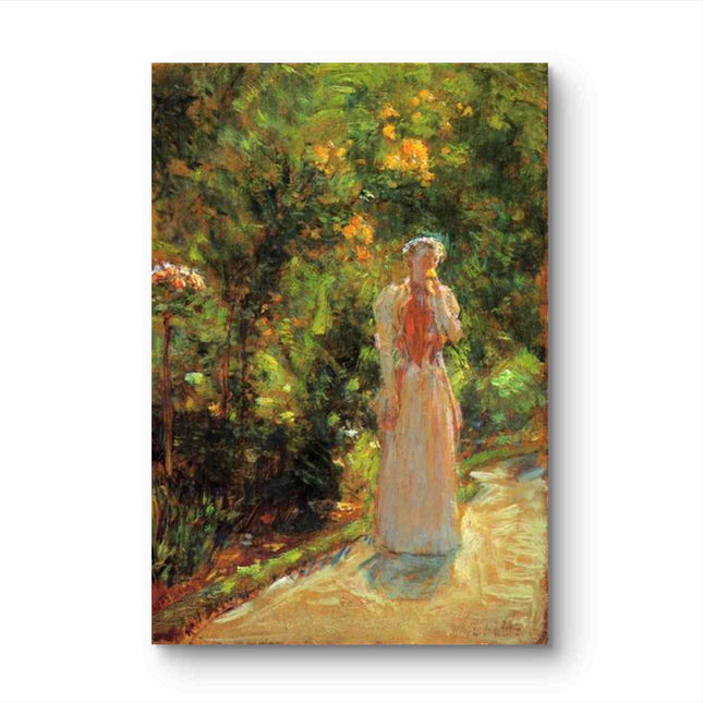 "Childe Hassam's 'Elegant Lady in Floral Garden' - Hand-Painted Classical Oil Painting Reproduction"
