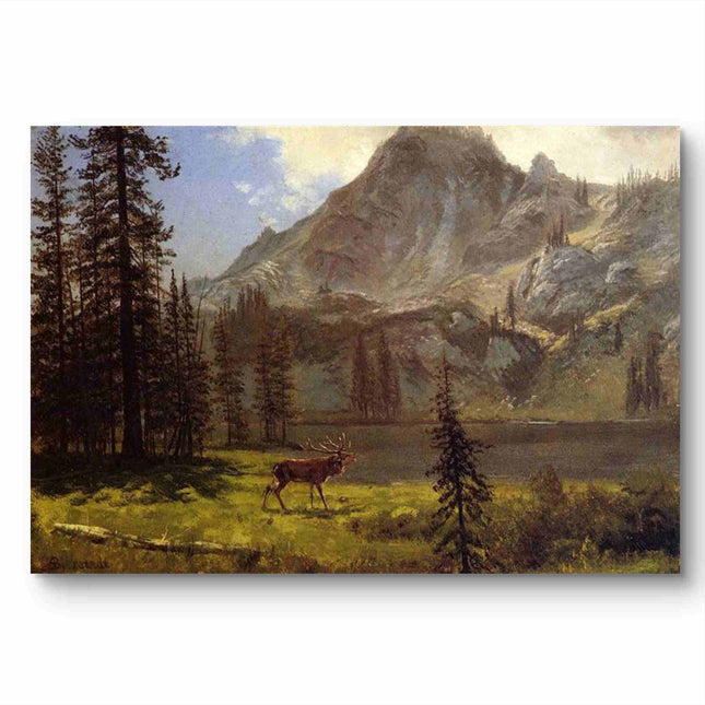"Albert Bierstadt's 'Majestic Elk in Wilderness' - Hand-Painted Landscape Oil Painting Reproduction"
