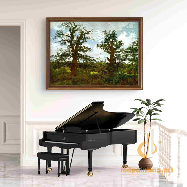"Jacob van Ruisdael's 'Twin Oaks in Serene Landscape' - Hand-Painted Dutch Golden Age Oil Painting Reproduction"