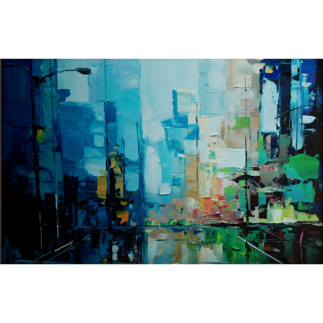"Urban Reflections - Modern Abstract Oil Painting in Cool Blues - Contemporary Cityscape Art for Living Room & Office"