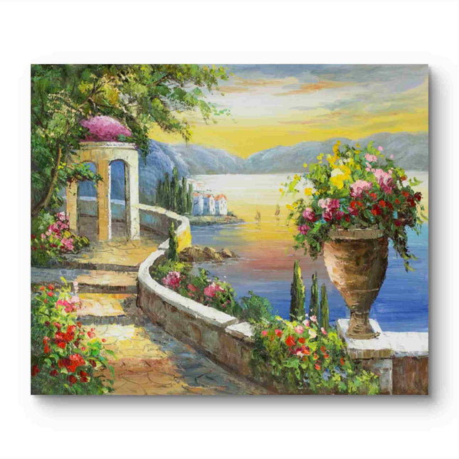 "Mediterranean Sunset Coastline - Premium Hand-Painted Oil Reproduction on Canvas"