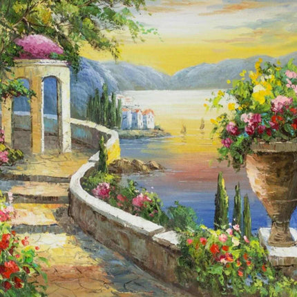 "Mediterranean Sunset Coastline - Premium Hand-Painted Oil Reproduction on Canvas"