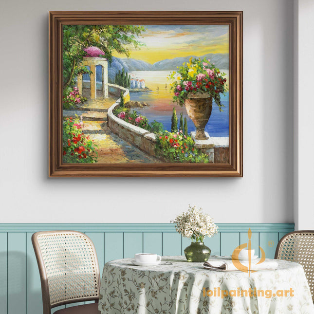 "Mediterranean Sunset Coastline - Premium Hand-Painted Oil Reproduction on Canvas"