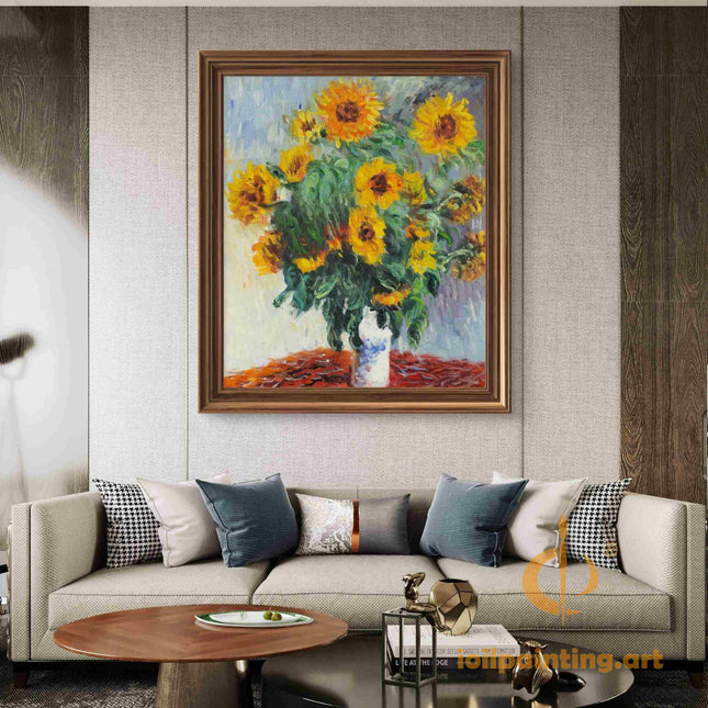"Claude Monet Inspired 'Sunflowers in Vase' - Premium Hand-Painted Oil Reproduction on Canvas"