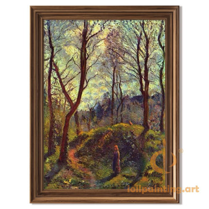"Camille Pissarro's 'Solitary Figure in Sunlit Forest' - Hand-Painted Impressionist Oil Painting Reproduction"
