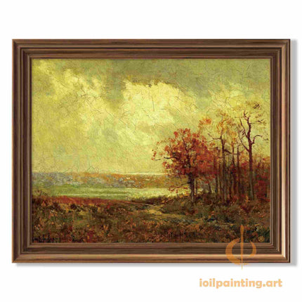 "Julian Onderdonk's 'Autumn Serenity: Country Path by the Lake' Oil Painting Reproduction on Canvas"