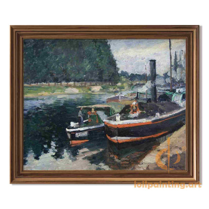 "Camille Pissarro's 'Boats at Riverside' - Hand-Painted Impressionist Oil Painting Reproduction"