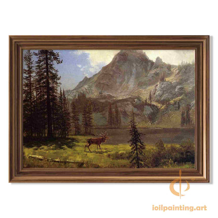 "Albert Bierstadt's 'Majestic Elk in Wilderness' - Hand-Painted Landscape Oil Painting Reproduction"