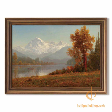 "Albert Bierstadt's 'Autumn Lakeside Serenity' - Hand-Painted Landscape Oil Painting Reproduction"