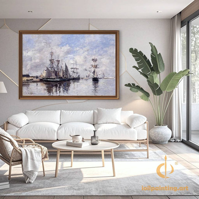 "Eugène Boudin's 'Tranquil Harbor with Sailboats' - Hand-Painted Oil Painting Reproduction"