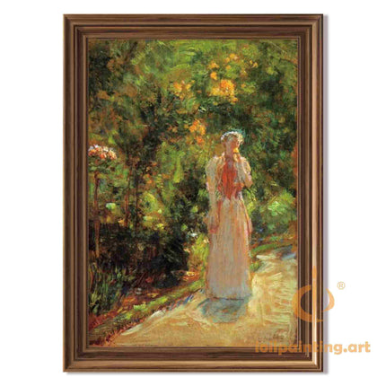 "Childe Hassam's 'Elegant Lady in Floral Garden' - Hand-Painted Classical Oil Painting Reproduction"