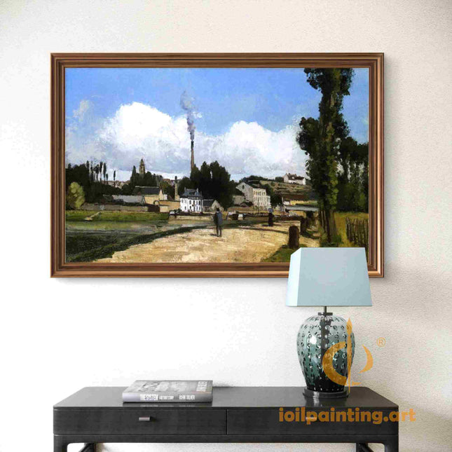 "Camille Pissarro's 'Strolling Through a Quiet Village' - Hand-Painted Impressionist Oil Painting Reproduction"