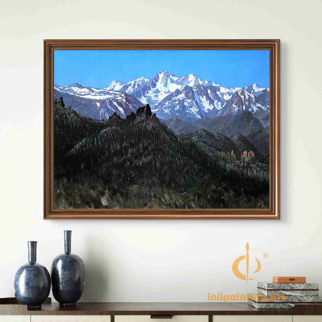 "Albert Bierstadt's 'Alpine Majesty' - Hand-Painted Mountain Landscape Oil Painting Reproduction"