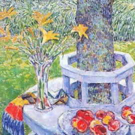 "Childe Hassam's 'Still Life with Flowers and Fruit under a Tree' - Hand-Painted Classical Oil Painting Reproduction"