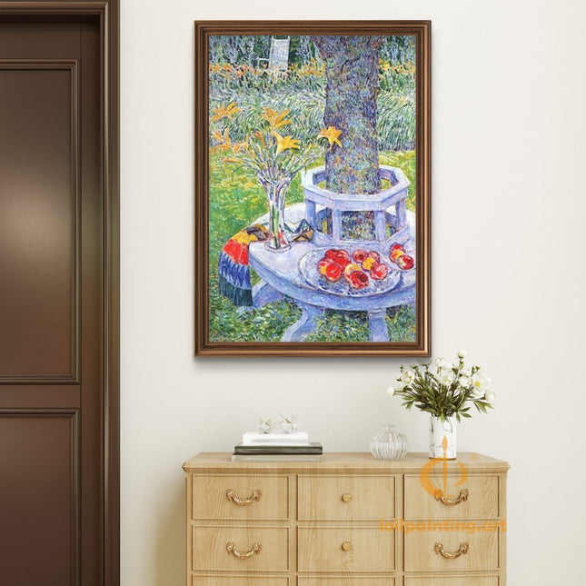 "Childe Hassam's 'Still Life with Flowers and Fruit under a Tree' - Hand-Painted Classical Oil Painting Reproduction"