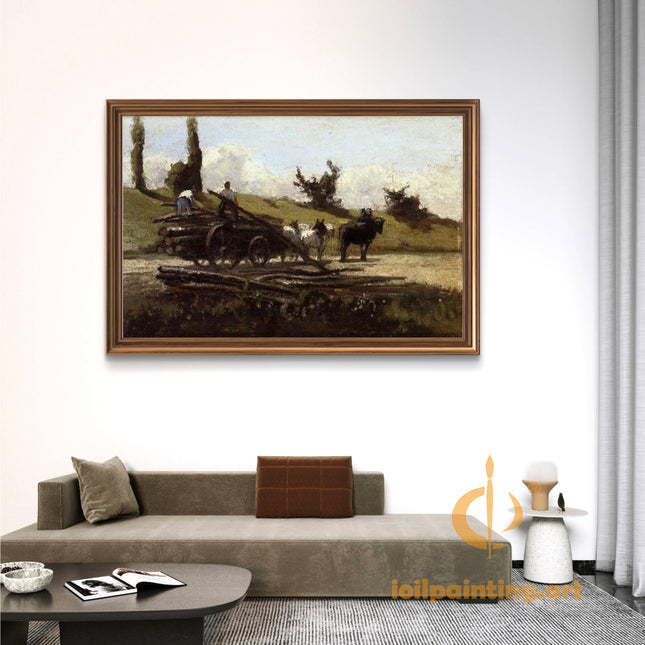 "Camille Pissarro's 'Timber Wagon in Rural Landscape' - Hand-Painted Oil Painting Reproduction"