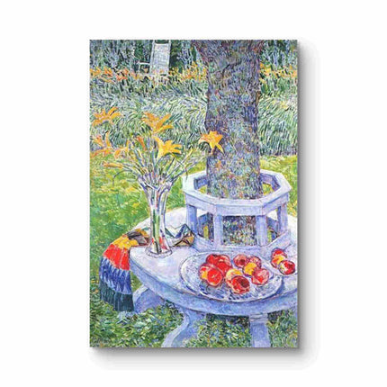 "Childe Hassam's 'Still Life with Flowers and Fruit under a Tree' - Hand-Painted Classical Oil Painting Reproduction"