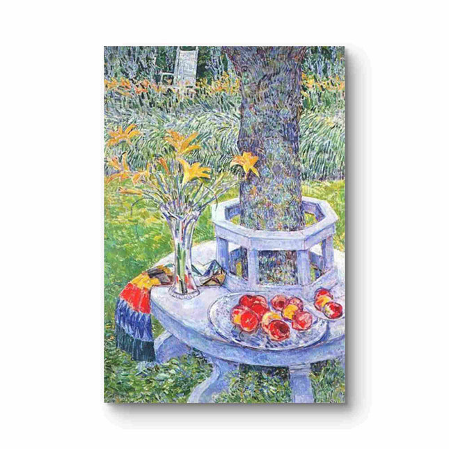 "Childe Hassam's 'Still Life with Flowers and Fruit under a Tree' - Hand-Painted Classical Oil Painting Reproduction"