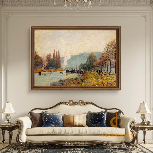 "Alfred Sisley's 'Autumn Riverside Serenity' - Hand-Painted Impressionist Oil Painting Reproduction"