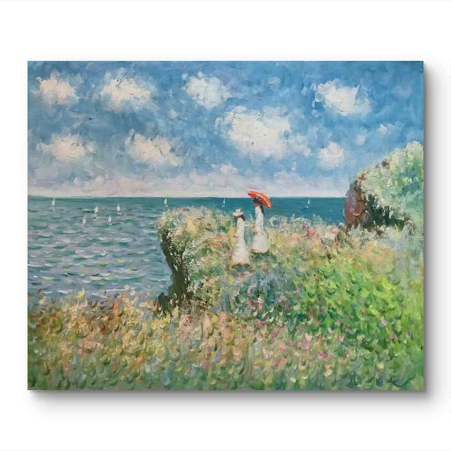 "Claude Monet's 'Women with Parasol by the Sea' - Premium Hand-Painted Oil Reproduction on Canvas"