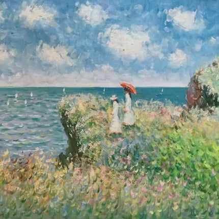 "Claude Monet's 'Women with Parasol by the Sea' - Premium Hand-Painted Oil Reproduction on Canvas"