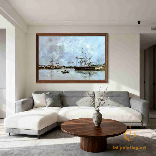 "Eugène Boudin's 'Harbor Serenity with Sailboats' - Hand-Painted Oil Painting Reproduction"