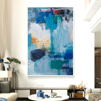 "Contemporary Abstract Oil Painting - Blue & Gold Expressionist Art | Handmade Canvas Wall Decor for Modern Interiors"
