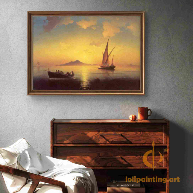 "Ivan Aivazovsky's 'Sunset Serenade with Sailboats' - Hand-Painted Oil Painting Reproduction"