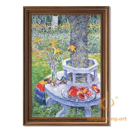 "Childe Hassam's 'Still Life with Flowers and Fruit under a Tree' - Hand-Painted Classical Oil Painting Reproduction"