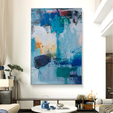 "Contemporary Abstract Oil Painting - Blue & Gold Expressionist Art | Handmade Canvas Wall Decor for Modern Interiors"
