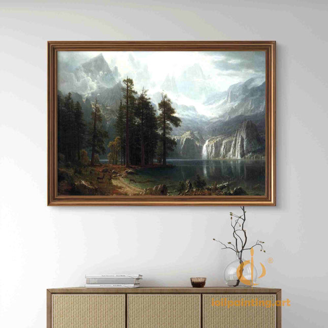 "Albert Bierstadt's 'Mountain Lake Serenity' - Hand-Painted Landscape Oil Painting Reproduction"