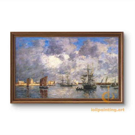 "Eugène Boudin's 'Bustling Harbor with Sailboats' - Hand-Painted Oil Painting Reproduction"