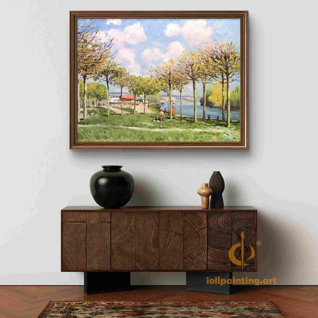 "Alfred Sisley's 'Sunlit Riverside Path' - Hand-Painted Impressionist Oil Painting Reproduction"