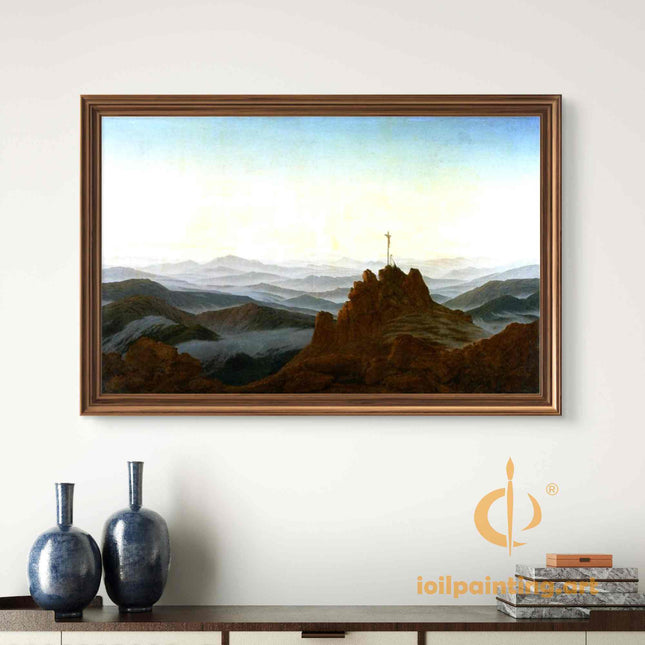 "Caspar David Friedrich's 'Sacred Mountain Cross' - Hand-Painted Romantic Oil Painting Reproduction"