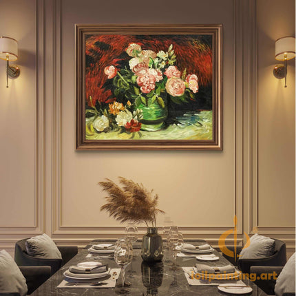 "Vincent van Gogh Inspired 'Floral Bouquet in Green Vase' - Premium Hand-Painted Oil Reproduction on Canvas"