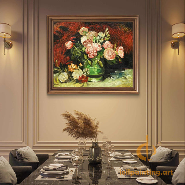 "Vincent van Gogh Inspired 'Floral Bouquet in Green Vase' - Premium Hand-Painted Oil Reproduction on Canvas"