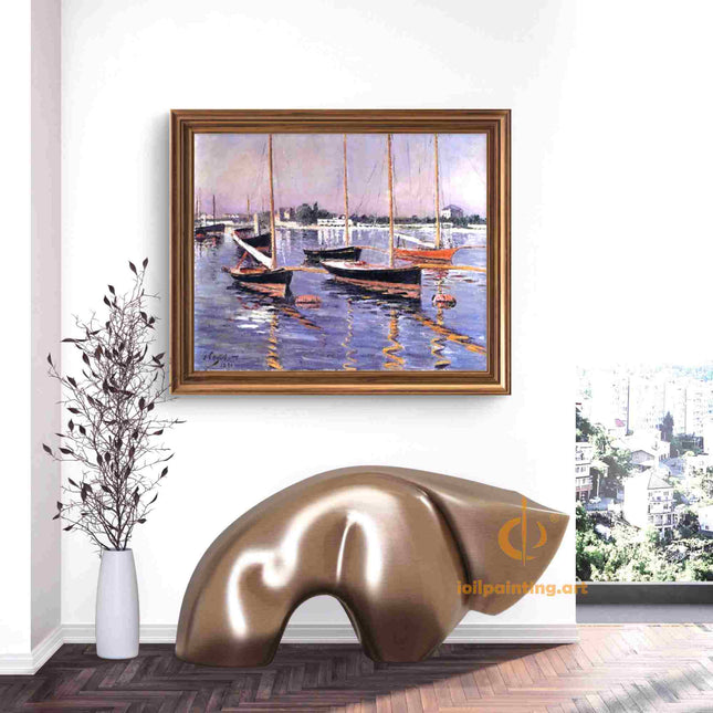 "Eugène Boudin 'Boats Moored at Harbor' - Premium Hand-Painted Oil Reproduction on Canvas"