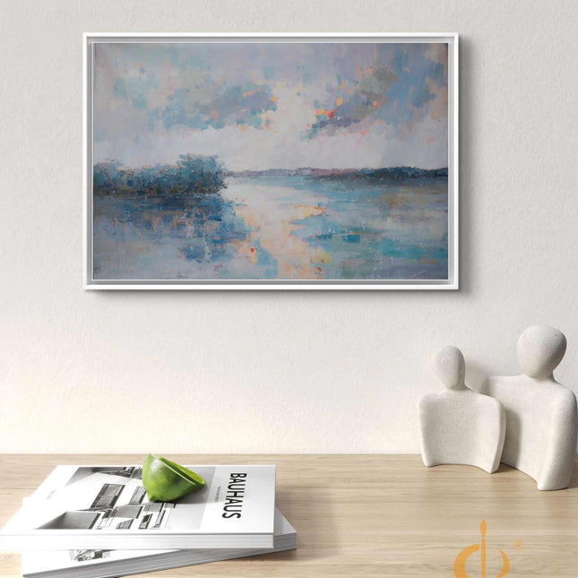 "Serene Abstract Landscape Oil Painting - Blue & White Tranquil Wall Art | Handmade Canvas Decor for Modern Homes"