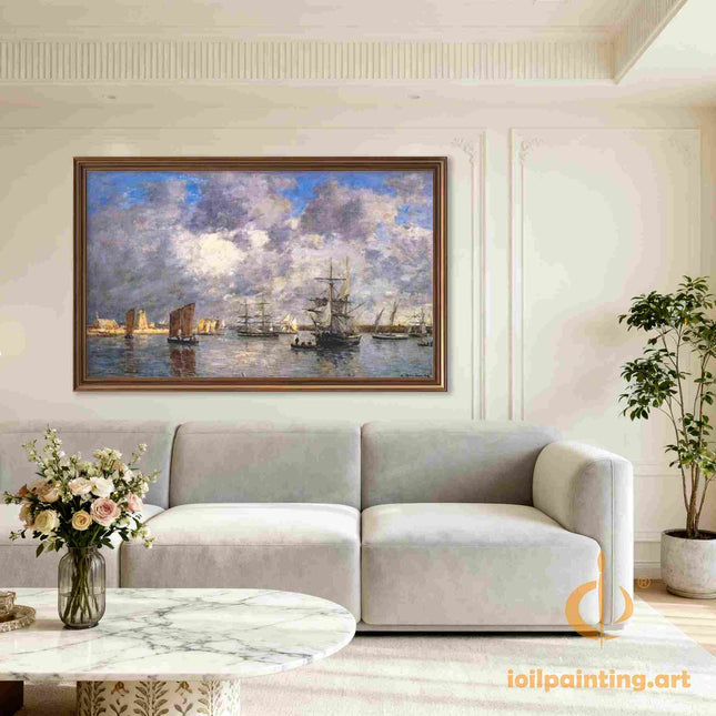 "Eugène Boudin's 'Bustling Harbor with Sailboats' - Hand-Painted Oil Painting Reproduction"