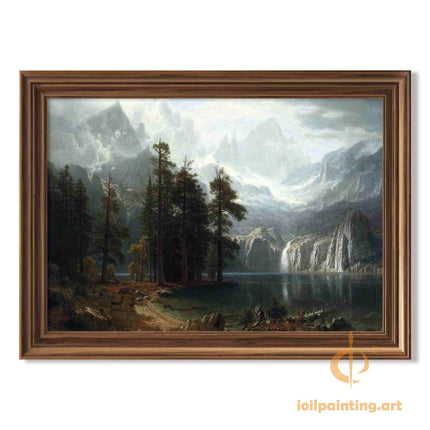 "Albert Bierstadt's 'Mountain Lake Serenity' - Hand-Painted Landscape Oil Painting Reproduction"