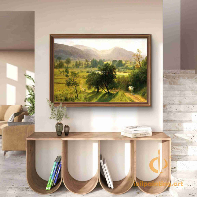 "Albert BIerstadt's 'Serene Countryside Path' - Hand-Painted Landscape Oil Painting Reproduction"