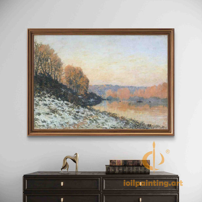 "Alfred Sisley's 'Winter Riverside Tranquility' - Hand-Painted Impressionist Oil Painting Reproduction"