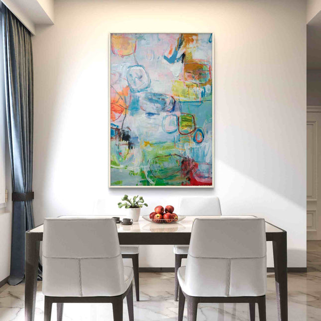 "Modern Abstract Oil Painting - Bold Colorful Shapes on Soft Blue & Pink Background | Handmade Canvas Wall Art"