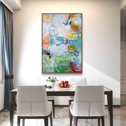 "Modern Abstract Oil Painting - Bold Colorful Shapes on Soft Blue & Pink Background | Handmade Canvas Wall Art"