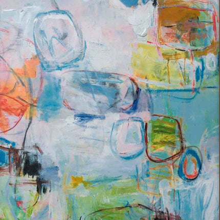 "Modern Abstract Oil Painting - Bold Colorful Shapes on Soft Blue & Pink Background | Handmade Canvas Wall Art"