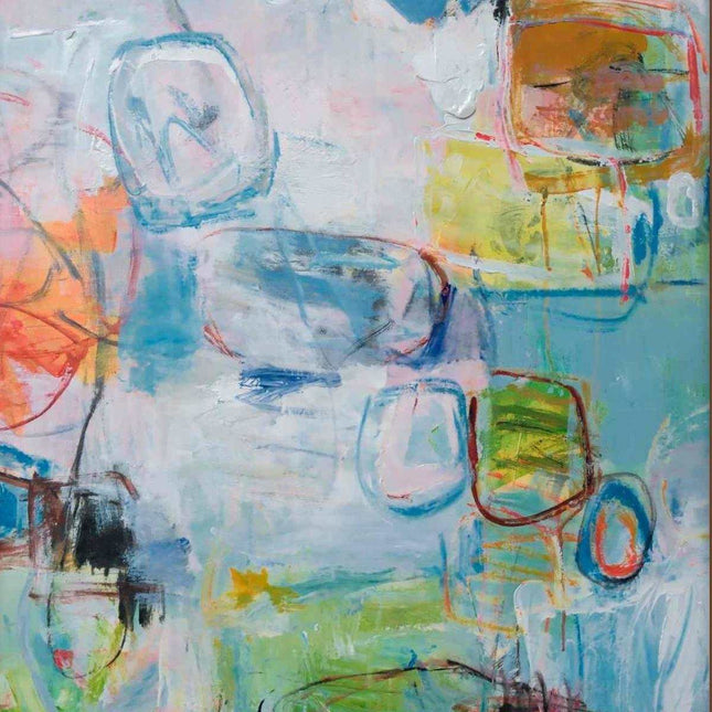 "Modern Abstract Oil Painting - Bold Colorful Shapes on Soft Blue & Pink Background | Handmade Canvas Wall Art"